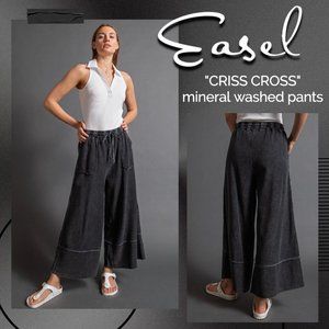 EASEL "Criss Cross" Cotton Mineral Washed Flared Wide Cropped Leg Palazzo Pants